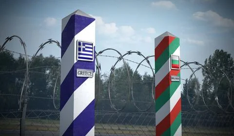 Border posts with flags of Greece and Bulgaria - 3d illustration Stock Illustration