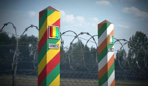 Border posts with flags of Guinea and Ivory Coast - 3d illustration Stock Illustration