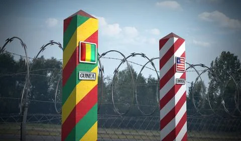 Border posts with flags of Guinea and Liberia - 3d illustration Stock Illustration