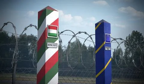 Border posts with flags of Hungary and European Union - 3d illustration Stock Illustration