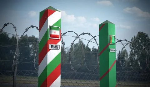 Border posts with flags of Iran and Turkmenistan - 3d illustration Stock Illustration