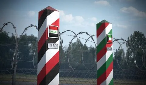 Border posts with flags of Iraq and Kuwait - 3d illustration Stock Illustration