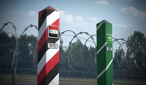 Border posts with flags of Iraq and Saudi Arabia - 3d illustration Stock Illustration