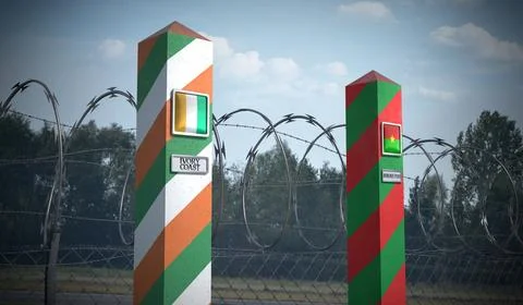 Border posts with flags of Ivory Coast and Burkina Faso - 3d illustration Stock Illustration