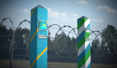 Border posts with flags of Kazakhstan and Uzbekistan - 3d illustration Stock Illustration