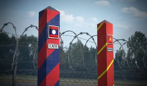 Border posts with flags of Laos and Vietnam - 3d illustration Stock Illustration