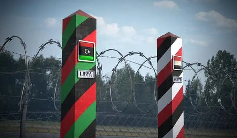 Border posts with flags of Libya and Egypt - 3d illustration Stock Illustration