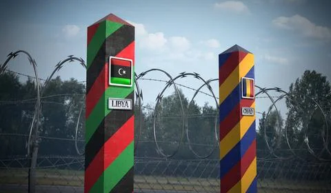 Border posts with flags of Libya and Chad - 3d illustration Stock Illustration