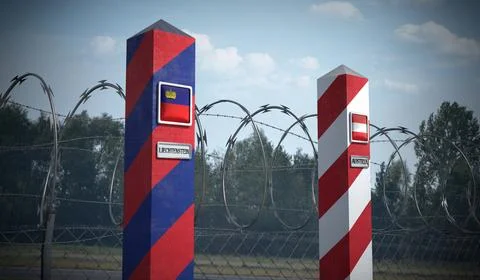 Border posts with flags of Liechtenstein and Austria - 3d illustration Stock Illustration