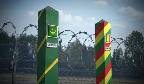 Border posts with flags of Mauritania and Senegal - 3d illustration Stock Illustration