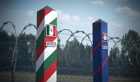 Border posts with flags of Mexico and Belize - 3d illustration Stock Illustration
