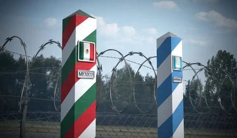 Border posts with flags of Mexico and Guatemala - 3d illustration Stock Illustration