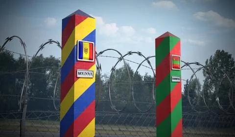 Border posts with flags of Moldova and Transnistria - 3d illustration Stock Illustration