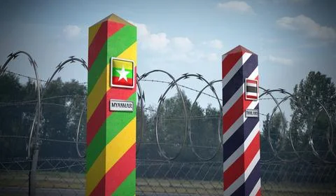 Border posts with flags of Myanmar and Thailand - 3d illustration Stock Illustration