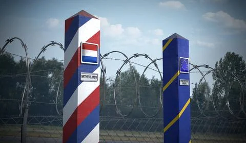 Border posts with flags of Netherlands and European Union - 3d illustration Stock Illustration