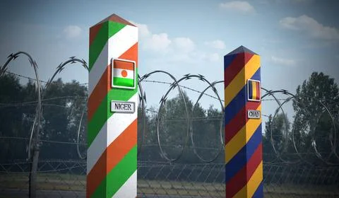 Border posts with flags of Niger and Chad - 3d illustration Stock Illustration