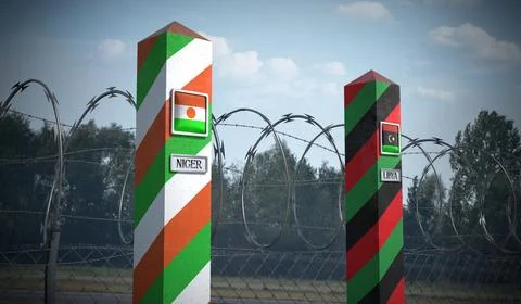 Border posts with flags of Niger and Libya - 3d illustration Stock Illustration