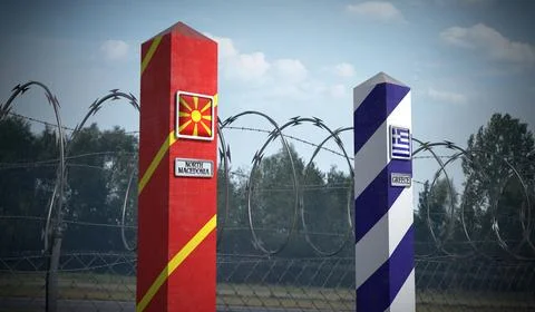 Border posts with flags of North Macedonia and Greece - 3d illustration Stock Illustration
