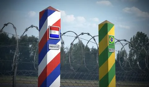 Border posts with flags of Paraguay and Brazil - 3d illustration Ilustração Stock