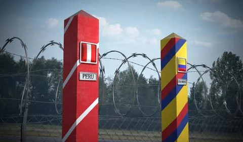 Border posts with flags of Peru and Colombia - 3d illustration Stock Illustration