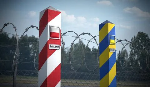 Border posts with flags of Poland and Ukraine - 3d illustration Stock Illustration