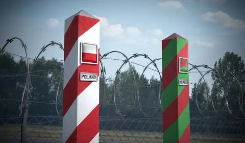 Border posts with flags of Poland and Belarus - 3d illustration Stock Illustration