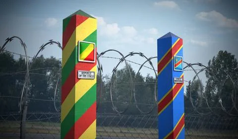 Border posts with flags of Republic of the Congo and Democratic Republic of.. Stock Illustration