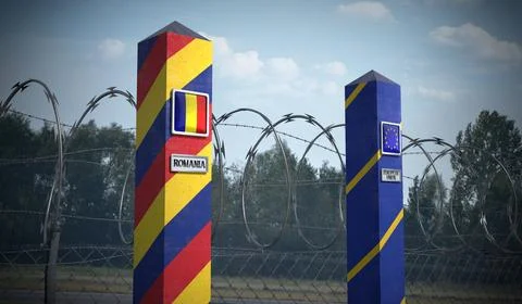 Border posts with flags of Romania and European Union - 3d illustration Stock Illustration