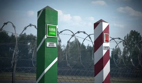 Border posts with flags of Saudi Arabia and Qatar - 3d illustration Stock Illustration