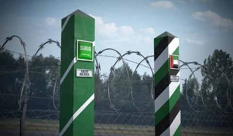 Border posts with flags of Saudi Arabia and United Arab Emirates - 3d illus.. Stock Illustration