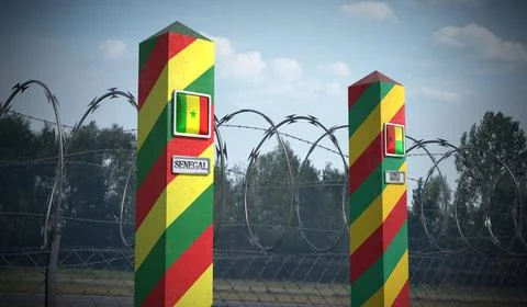 Border posts with flags of Senegal and Guinea Bissau - 3d illustration Stock Illustration
