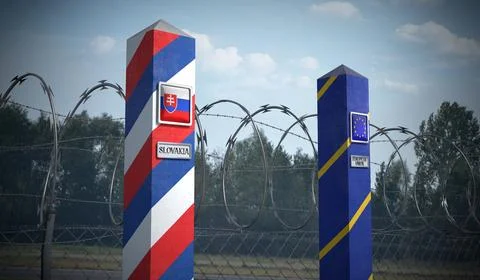 Border posts with flags of Slovakia and European Union - 3d illustration Stock Illustration