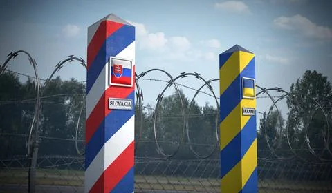 Border posts with flags of Slovakia and Ukraine - 3d illustration Stock Illustration