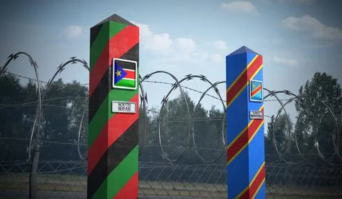 Border posts with flags of South Sudan and Democratic Republic of the Congo.. Illustrazione stock