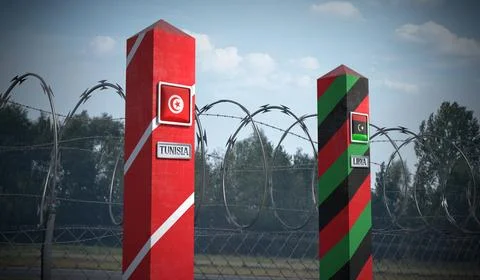 Border posts with flags of Tunisia and Libya - 3d illustration Stock Illustration