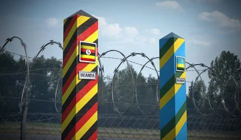 Border posts with flags of Uganda and Rwanda - 3d illustration Stock Illustration