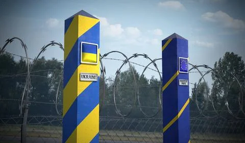 Border posts with flags of Ukraine and European Union - 3d illustration Stock Illustration