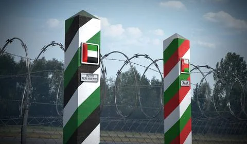 Border posts with flags of United Arab Emirates and Oman - 3d illustration Stock Illustration