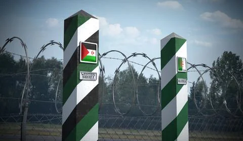 Border posts with flags of Western Sahara and Algeria - 3d illustration Stock Illustration