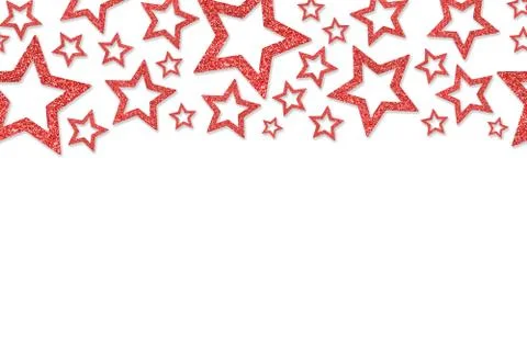 Border with red stars of sequin confetti. Glitter powder sparkling background Stock Illustration