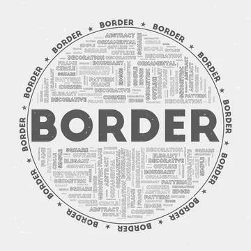 Border - round badge. Text border with keywords word clouds and circular te.. Stock Illustration