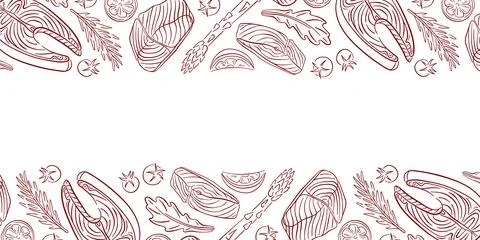 Border with salmon fish steak cuts, herbs, asparagus and spices. Line art Stock Illustration