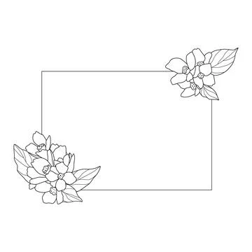 Border of simple twigs with flowers. Rectangle frame with black lines on white Stock Illustration