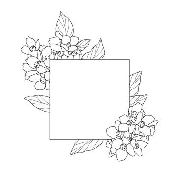 Border of simple twigs with flowers. Square frame with black lines on white Stock Illustration