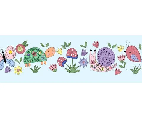 Border of spring elements - flowers, bird, turtle Stock Illustration