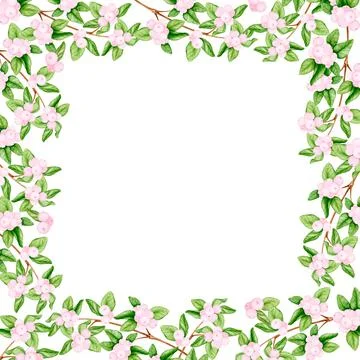 Border, square frame of branches with pink berries. Watercolor illustration Stock Illustration