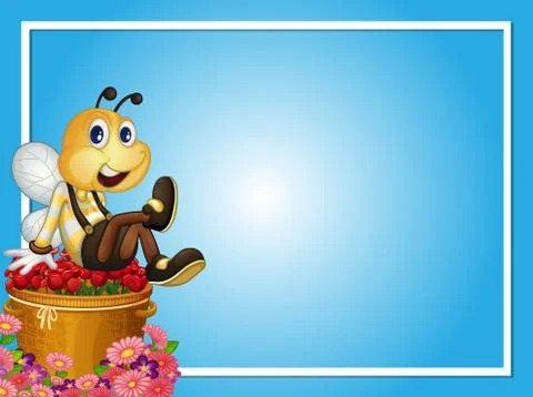 Border template with bee sitting on roses Stock Illustration