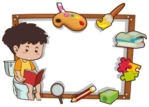 Border template with boy reading book Stock Illustration