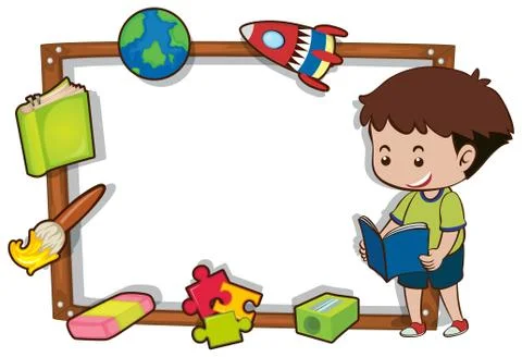 Border template with boy reading book Stock Illustration