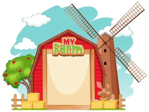 Border template design with brown bunny and red barn Stock Illustration